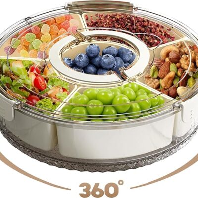 Divided Serving Tray with Lid, Rotating Snackle Box Container