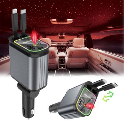 Retractable Car Charger with Starlight Projection on Car Roof