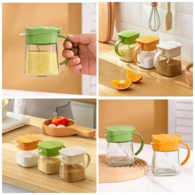 Glass Seasoning Jar, Sugar Bowl with Lid and Spoon