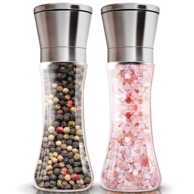 Salt and Pepper Grinder Set, 2 Pack Refillable Stainless Steel Spice Mill, Ceramic Blades, Adjustable Coarseness, Kitchen Essential