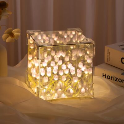 Tulips Cube Mirror Lamp | Handmade Magic 3D Illusion Tulip Flower LED Night Light | Decorative Mirror Cube Lamp for Bedroom | Romantic Gift for Girls, Couples, Friends – 1 Pcs Multicolor